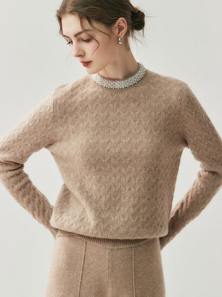 Classic French Minimalist 100% Cashmere Beaded Cable Knit Sweater