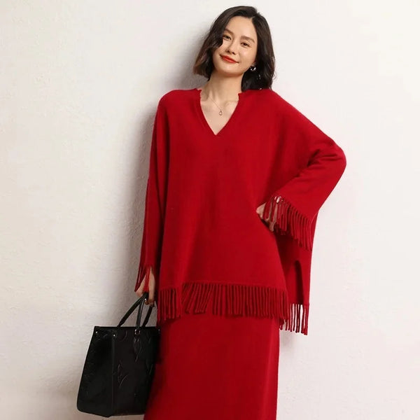 Roomy 2 Piece 100% Cashmere Tasseled Bohemian Sweater+MIDI Skirt Set