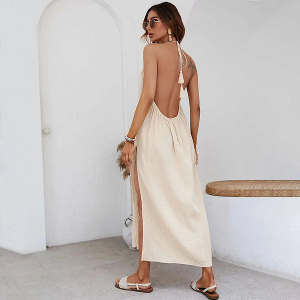 100% Cotton Gauze Sexy Backless Halter Bandage MAXI Dress