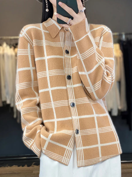 100% Cashmere Single Breasted Plaid Cardigan Sweater