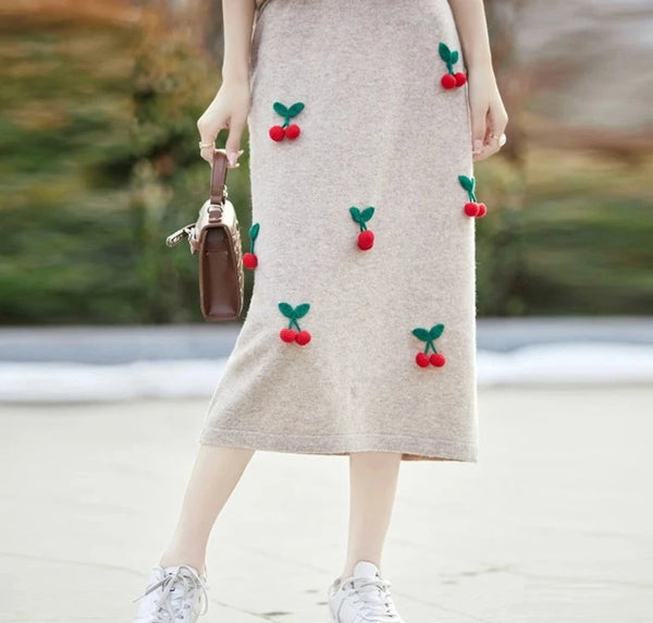 100% Merino Wool Upscale Dainty Short-Sleeved  Knit Top + Skirt Set