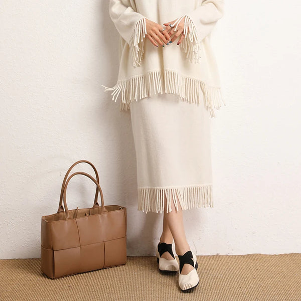 Roomy 2 Piece 100% Cashmere Tasseled Bohemian Sweater+MIDI Skirt Set