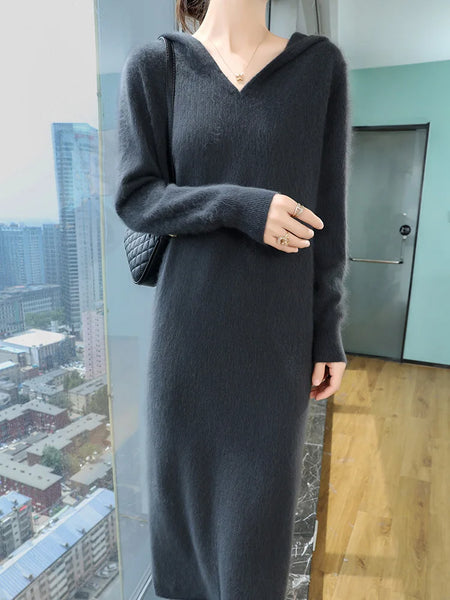 100% Mink Cashmere Hooded Knit Pullover Winter MAXI Sweater Dress