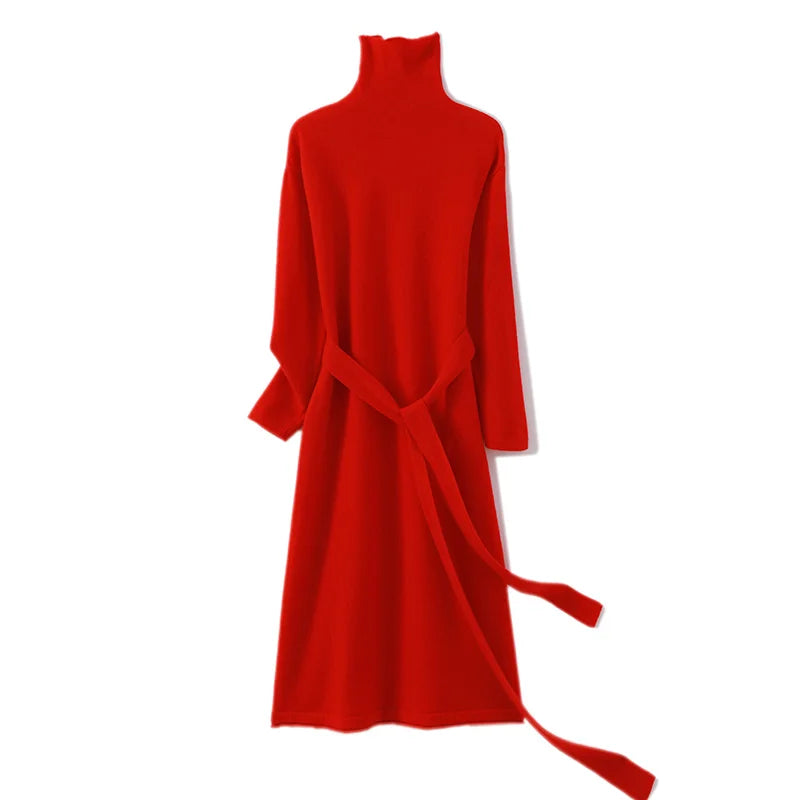 Ultra Comfy 100% Merino Wool Minimalist A-Line Turtle Neck Maxi Dress