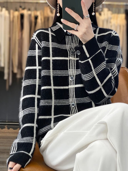 100% Cashmere Single Breasted Plaid Cardigan Sweater