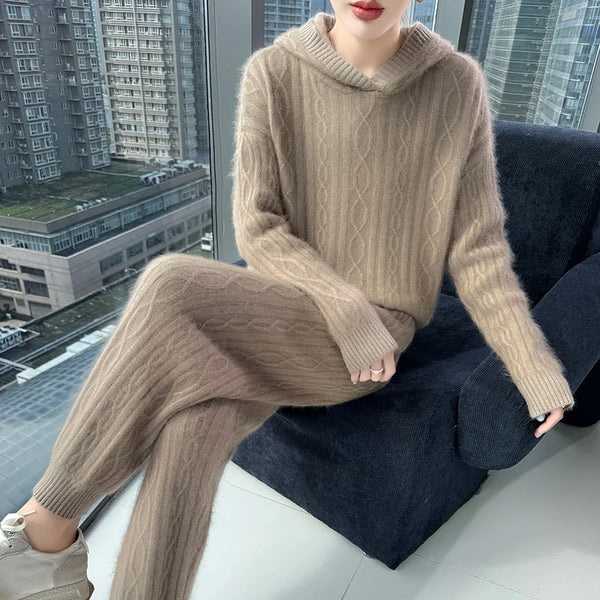 Super Thick Warm 2 Piece 100% Wool Hoodie+Pencil Pants Set