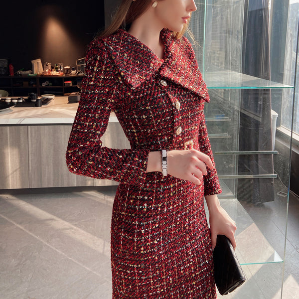 Upscale Socialite Cotton Blend A-Line English Tweed Dress