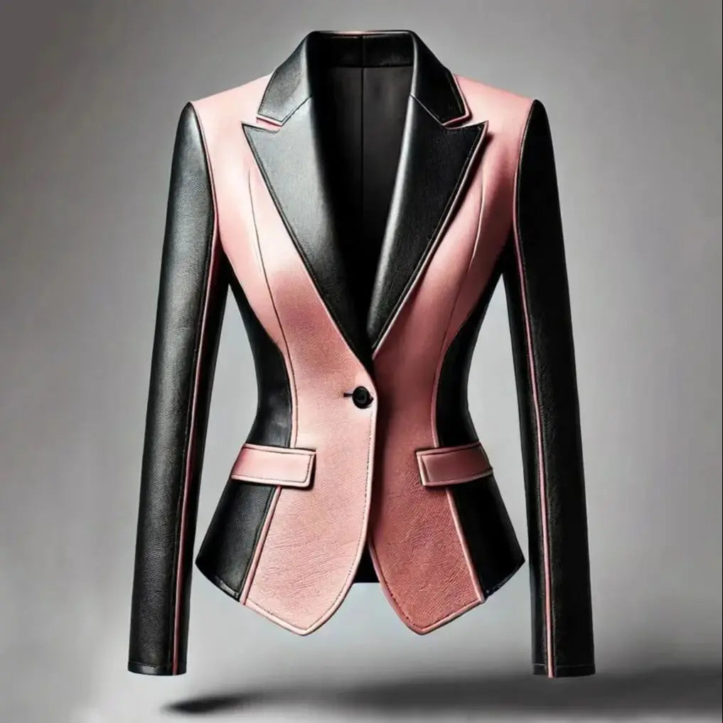 Fabulous Notched Color Block Faux Leather Jacket