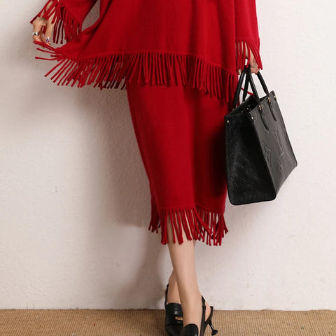 Roomy 2 Piece 100% Cashmere Tasseled Bohemian Sweater+MIDI Skirt Set