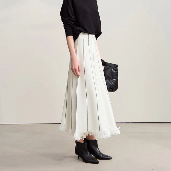 Elegant Minimalist Tassel Hemmed Warm Wool Blend A A-LineWinter MAXI Skirt