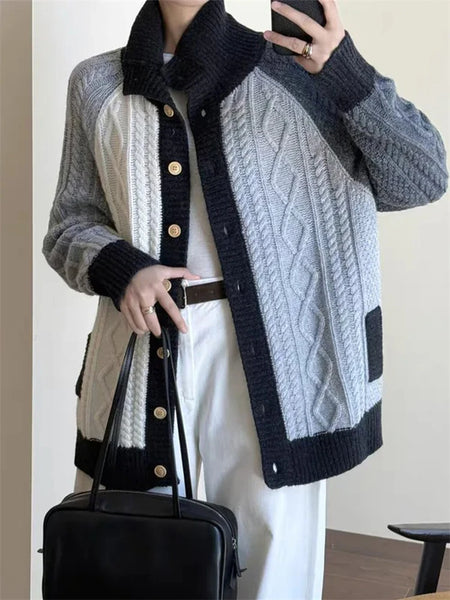 100% Merino Wool Intricately Twisted Patchwork Multicolored Cardigan