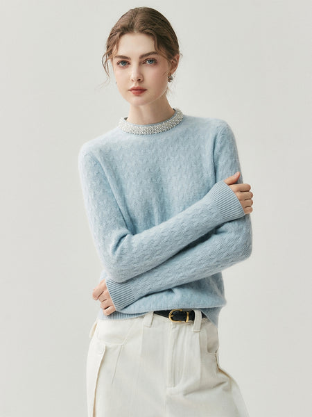 Classic French Minimalist 100% Cashmere Beaded Cable Knit Sweater