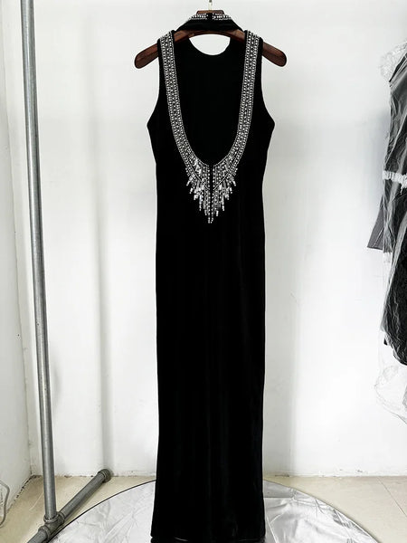Sexy Exquisitely Beaded Classic Halterneck Velvet MAXI Dress
