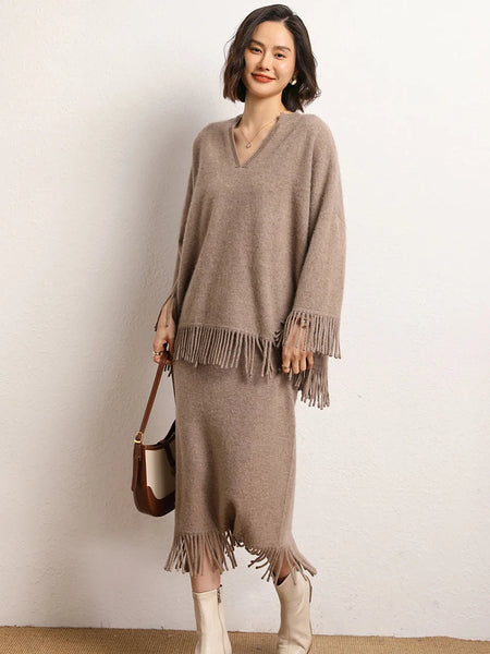 Roomy 2 Piece 100% Cashmere Tasseled Bohemian Sweater+MIDI Skirt Set