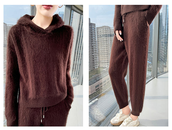 Super Thick Warm 2 Piece 100% Wool Hoodie+Pencil Pants Set