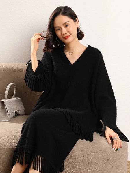 Roomy 2 Piece 100% Cashmere Tasseled Bohemian Sweater+MIDI Skirt Set