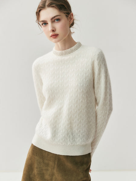 Classic French Minimalist 100% Cashmere Beaded Cable Knit Sweater