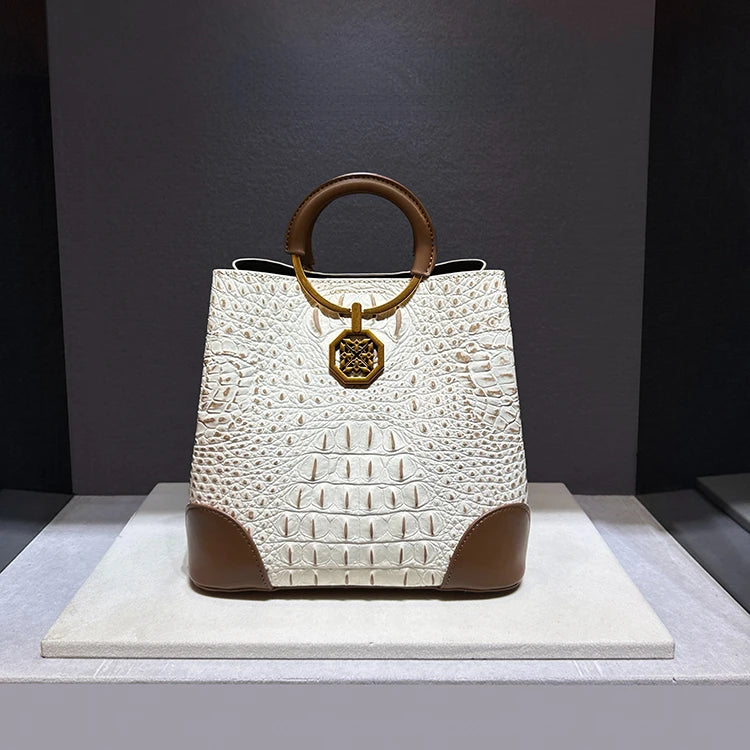 Vintage Premium Alligator-Embossed Large Cowhide Bucket Bag