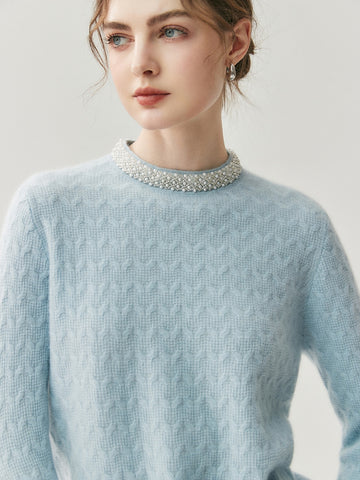 Classic French Minimalist 100% Cashmere Beaded Cable Knit Sweater