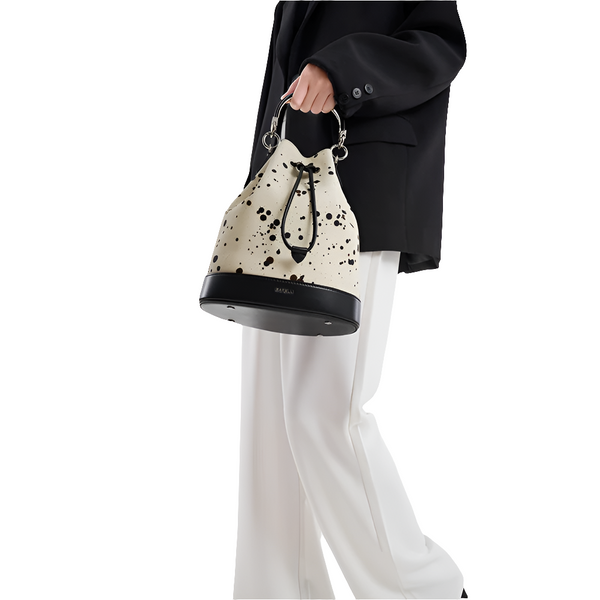 Elegant 100% Genuine Cowhide Leather Speckled Bucket Bag