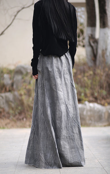 Vintage Cotton Linen Tie-Dye Patchwork A-Line MAXI Skirt