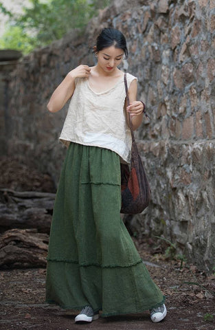 Vintage Mori Girl-Style A-Line Ramie Cotton MAXI Skirt