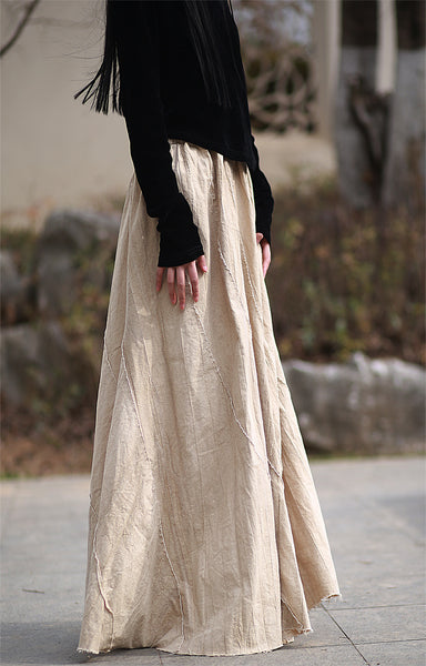 Vintage Cotton Linen Tie-Dye Patchwork A-Line MAXI Skirt