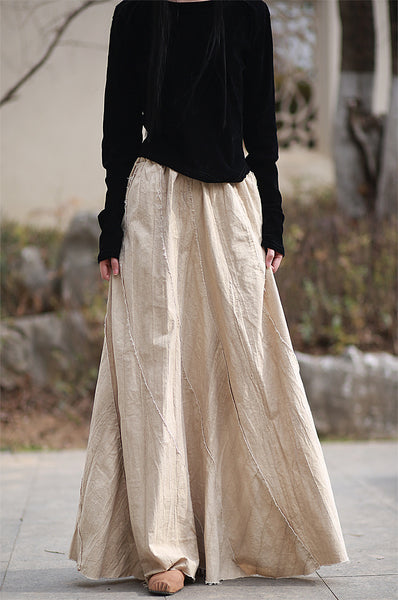 Vintage Cotton Linen Tie-Dye Patchwork A-Line MAXI Skirt
