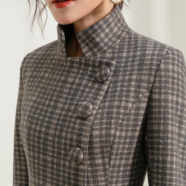 Sleek Single-Breasted Plaid Wool Coat--close-up  the big decorative buttons on the coat
