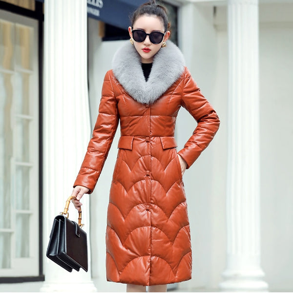 Genuine Sheepskin Leather & Fox Fur Collar Winter Down Coat