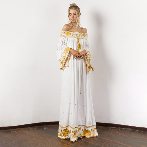 Gold-Embroidered Bohemian MAXI Dress