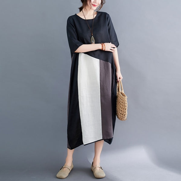 Vintage Chic Cotton-Linen Patchwork Dress