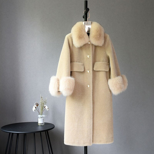 Posh Single-Breasted Wool & Fox Fur Winter Coat