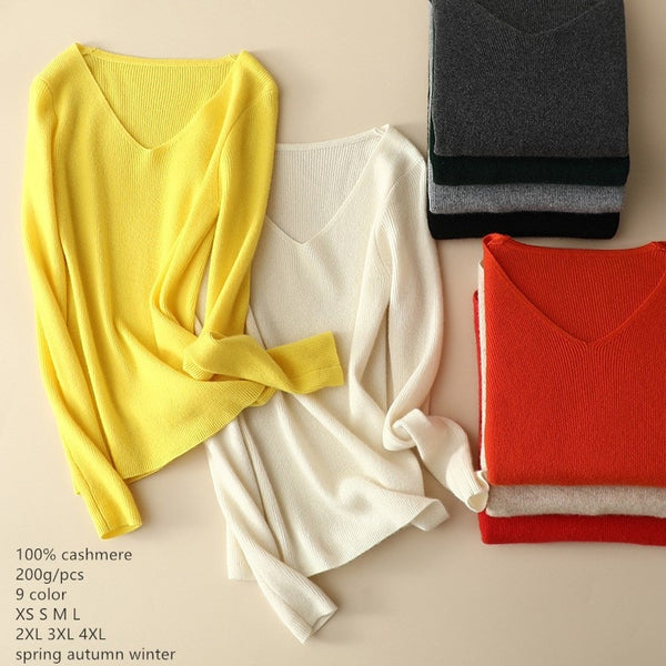 100% Cashmere V-Neck Pullovers Sweater