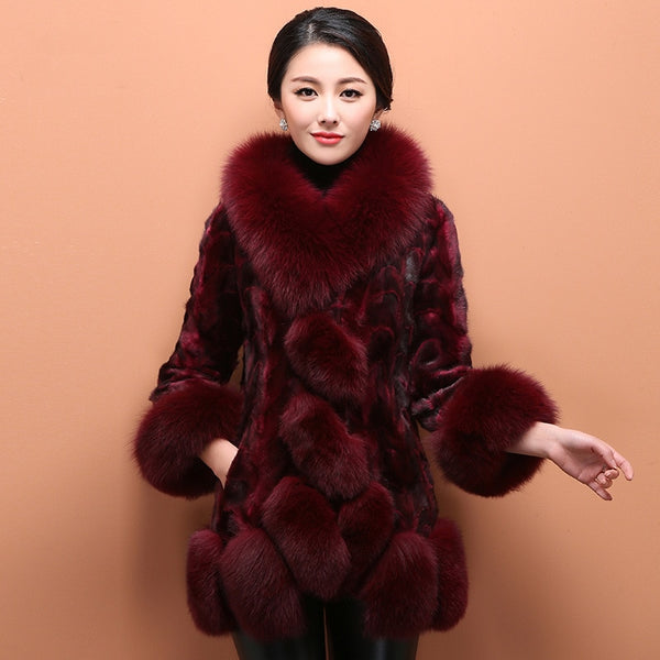 Hip Length Wine Red Fox Fur Winter Coat