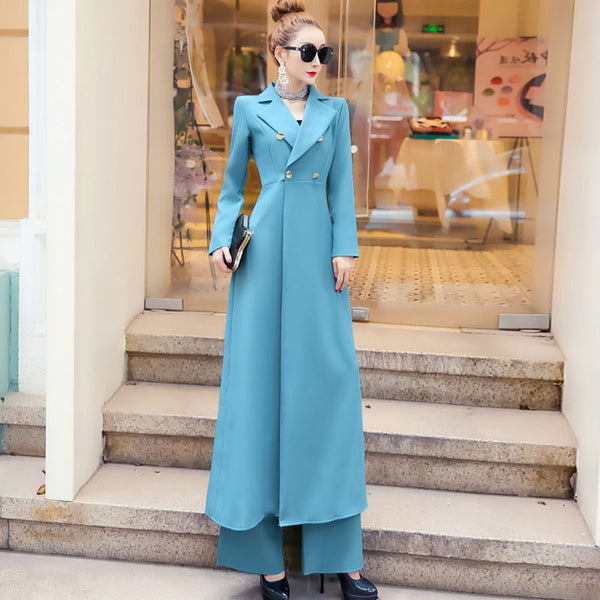 Dramatic High-Waisted Full-Length Coat +Palazzo Trousers                        