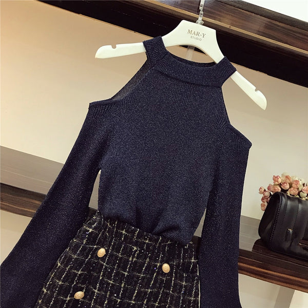 Sexy, Cut-Out Shoulder Knit Sweater + Button Plaid Split Tweed Skirt Set