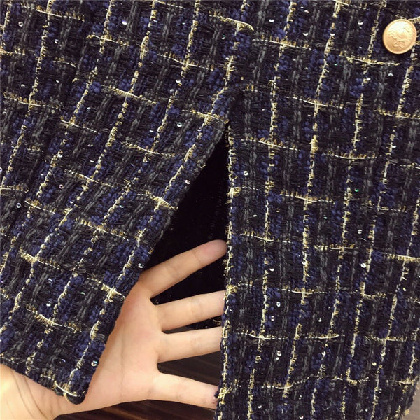 Sexy, Cut-Out Shoulder Knit Sweater + Button Plaid Split Tweed Skirt Set