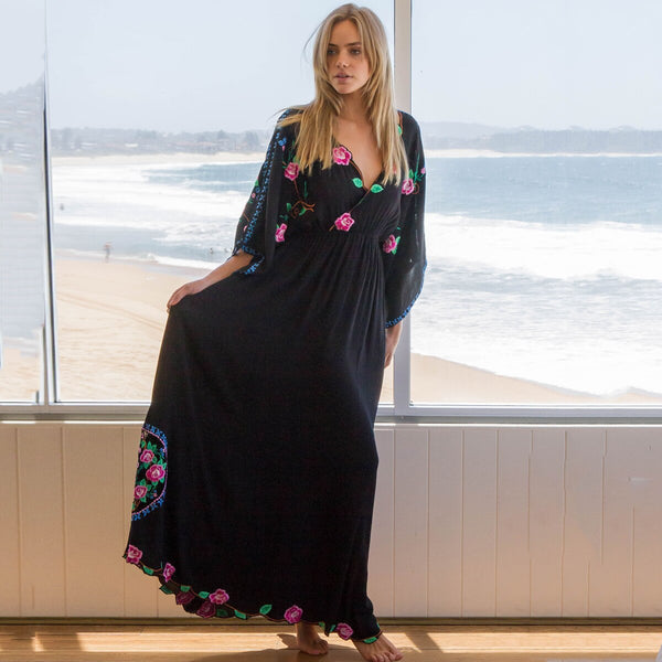 Retro Batwing-Sleeved Embroidered Bohemian MAXI Dress
