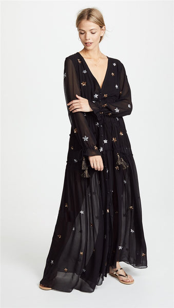 Loose V-Neck Bohemian MAXI Dress With Star Motif English Embroidery