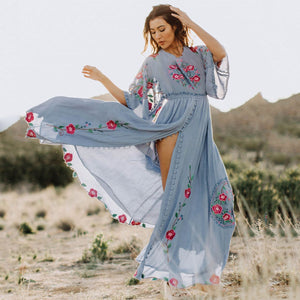 Retro Batwing-Sleeved Embroidered Bohemian MAXI Dress\