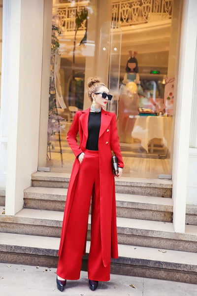 Dramatic High-Waisted Full-Length Coat +Palazzo Trousers                        