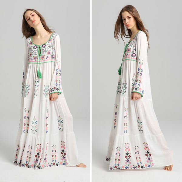 Long-Sleeved Classic Bohemian  Embroidered MAXI Dress