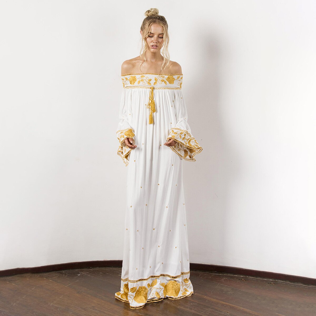 Gold-Embroidered Bohemian MAXI Dress