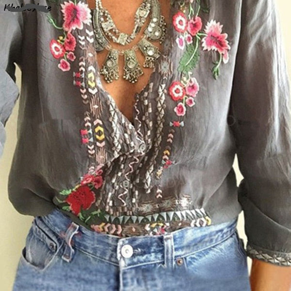 Long-Sleeved Bohemian Ethnic Embroidered Blouses