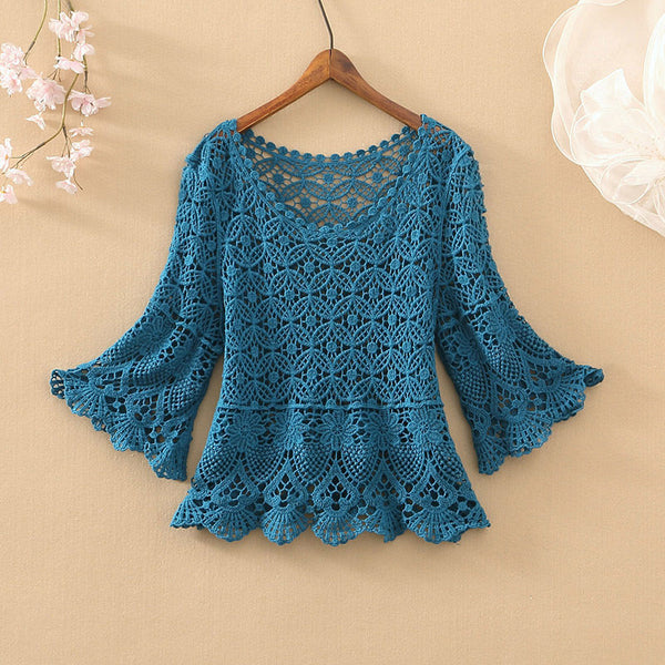 Flare-Sleeved Embroidered Lace Knit Blouse 
