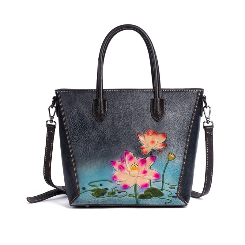 Genuine Cowhide Leather Floral Patterned Retro Handbag 