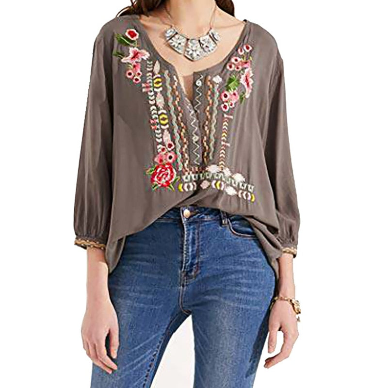 Long-Sleeved Bohemian Ethnic Embroidered Blouses