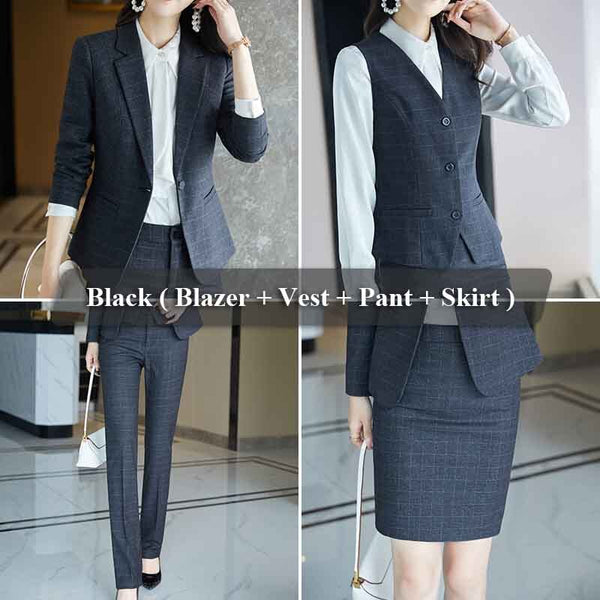 Stylish 4-Piece Plaid Blazer, Vest, Pants Skirt Suit Set 