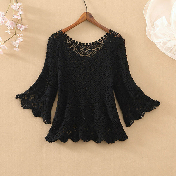 Flare-Sleeved Embroidered Lace Knit Blouse 